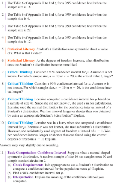 Solved 1. Use Table 6 of Appendix II to find t, for a 0.95 | Chegg.com