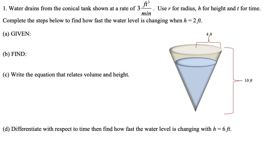 Solved ftº 1. Water drains from the conical tank shown at a | Chegg.com