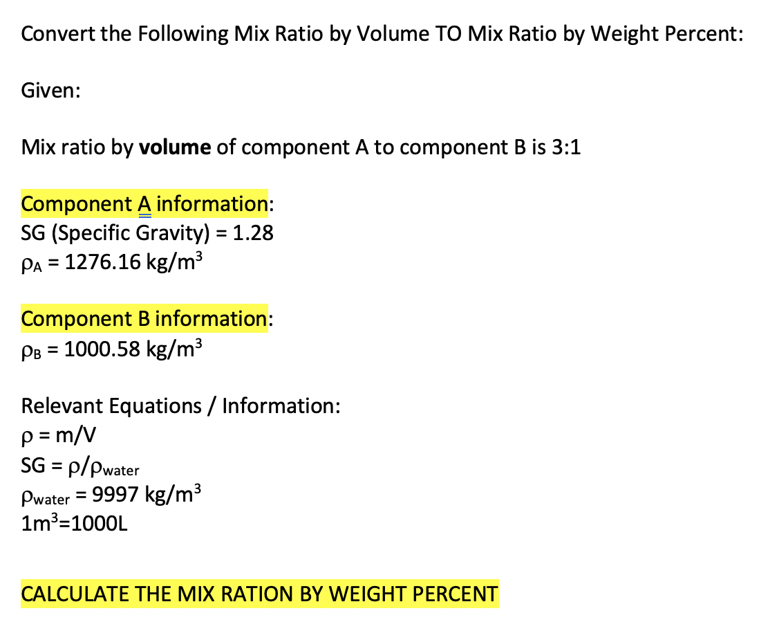 Mixed Conversion Formula Solved Convert the Following Mix Ratio by Volume TO Mix | Chegg.com