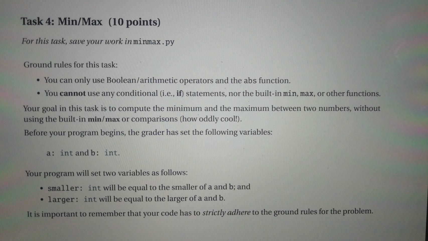 Solved Task 4: Min/Max (10 points) For this task, save your | Chegg.com