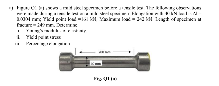 Solved a) Figure Q1 (a) shows a mild steel specimen before a | Chegg.com