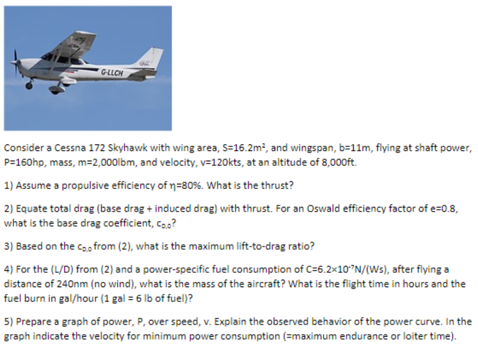 Consider a Cessna 172 Skyhawk with wing area, \( \mathrm{S}=16.2 \mathrm{~m}^{2} \), and wingspan, \( \mathrm{b}=11 \mathrm{~