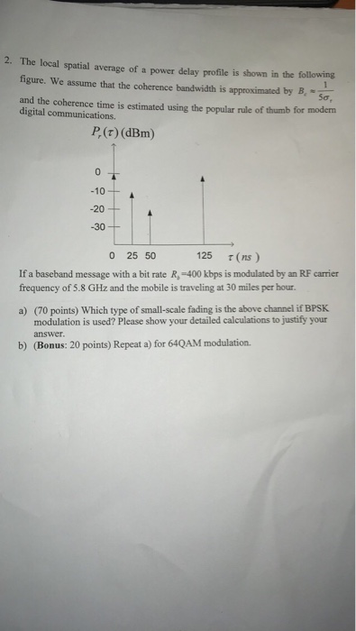 Solved The Local Spatial Average A Power Delay Profile Is | Chegg.com