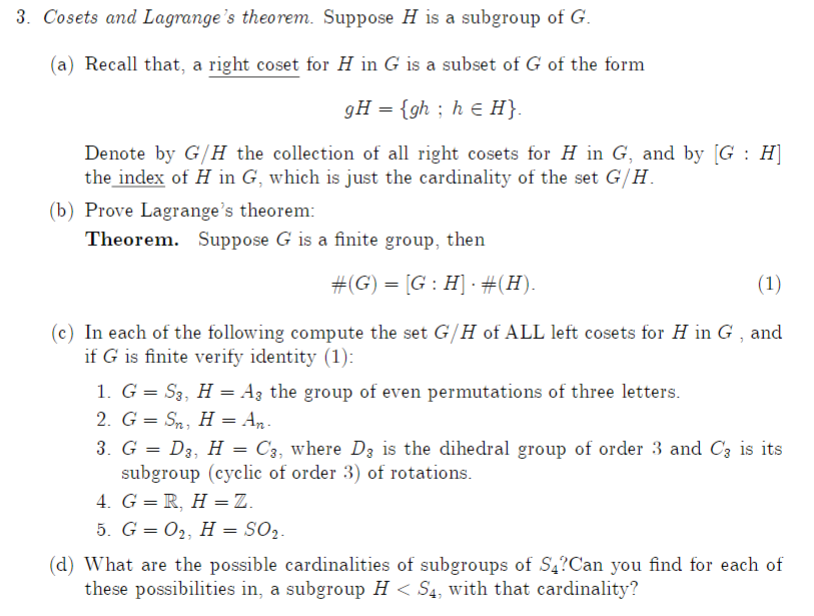 Solved 3. Cosets And Lagrange's Theorem. Suppose H Is A | Chegg.com