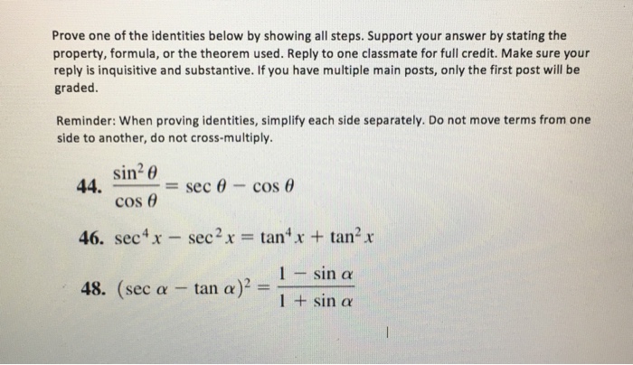 Solved Prove one of the identities below by showing all | Chegg.com