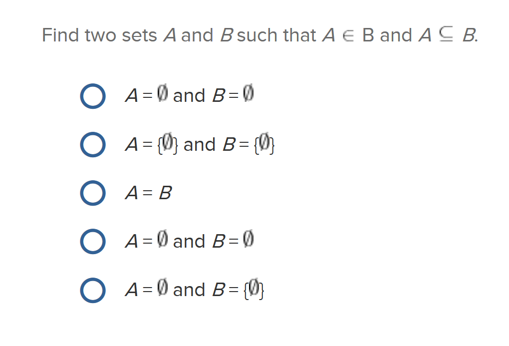 Solved Find Two Sets A And B Such That A E B And AS B O | Chegg.com