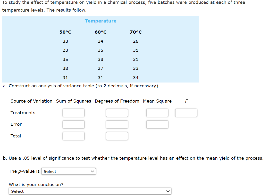 Solved To study the effect of temperature on yield in a | Chegg.com