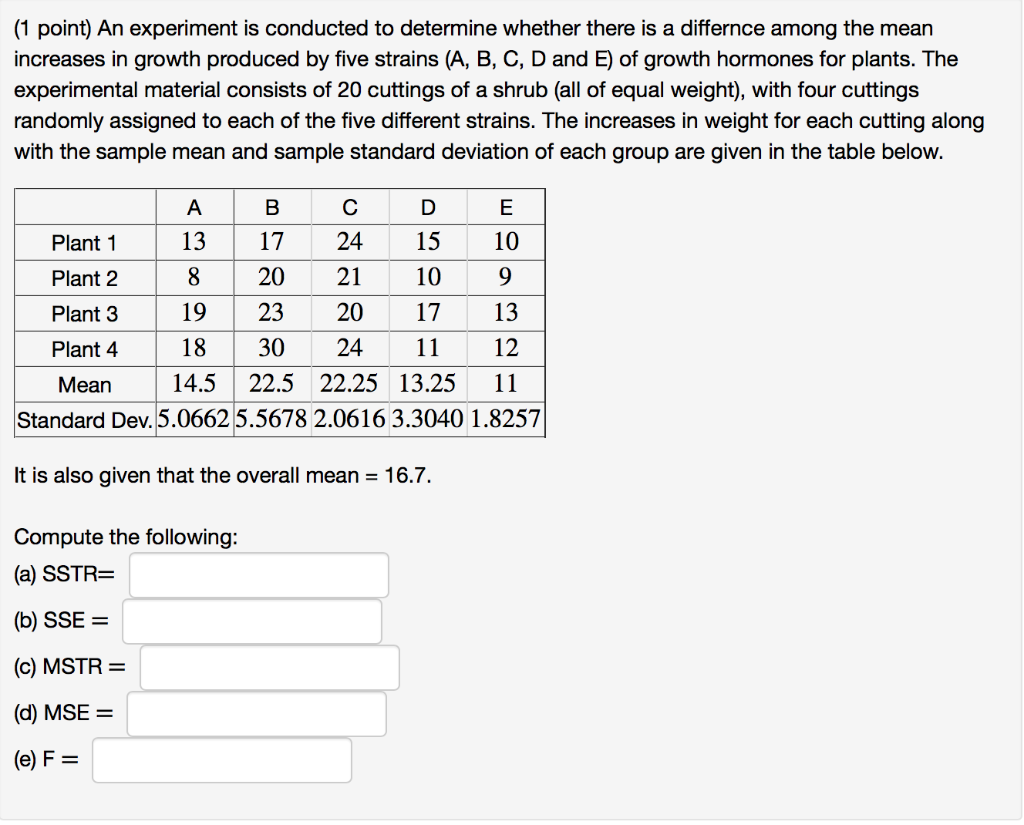 Solved (1 point) An experiment is conducted to determine | Chegg.com