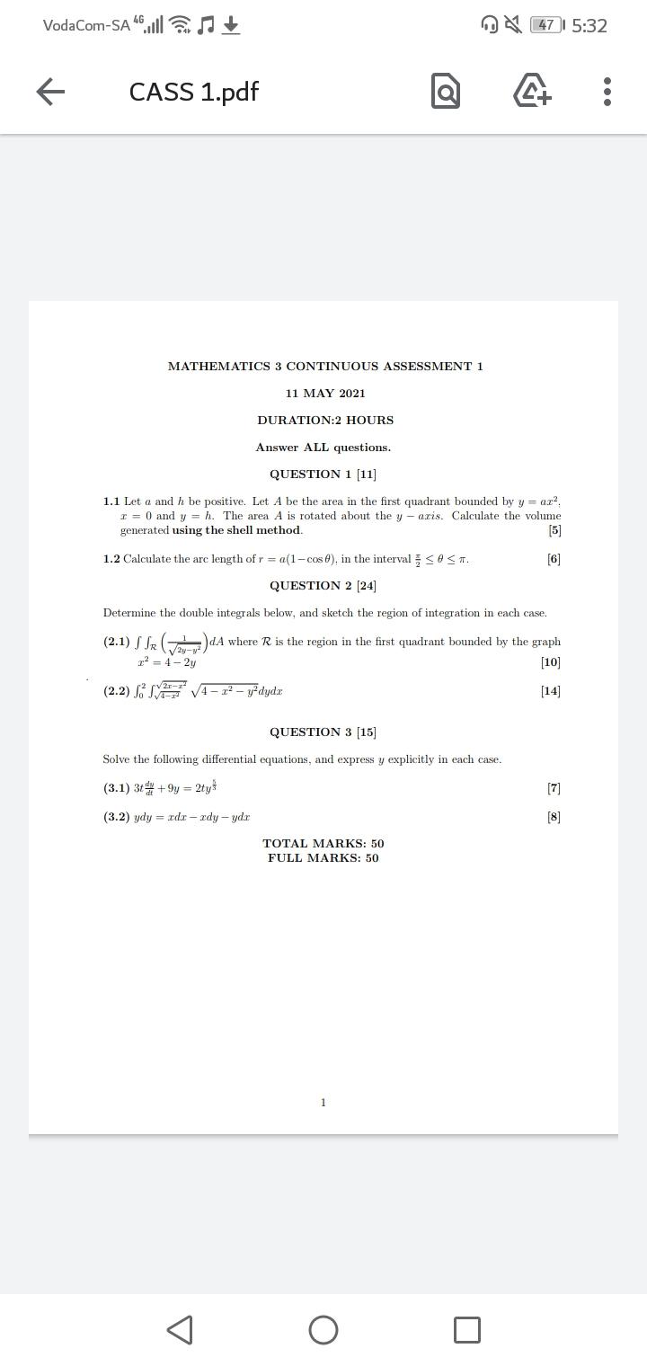 Solved Vodacom Sa 47 47 5 32 Cass 1 Pdf Mathematics 3 Chegg Com