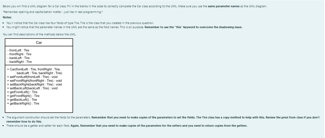 Solved Below You Will Find A UML Diagram For A Car Class. | Chegg.com
