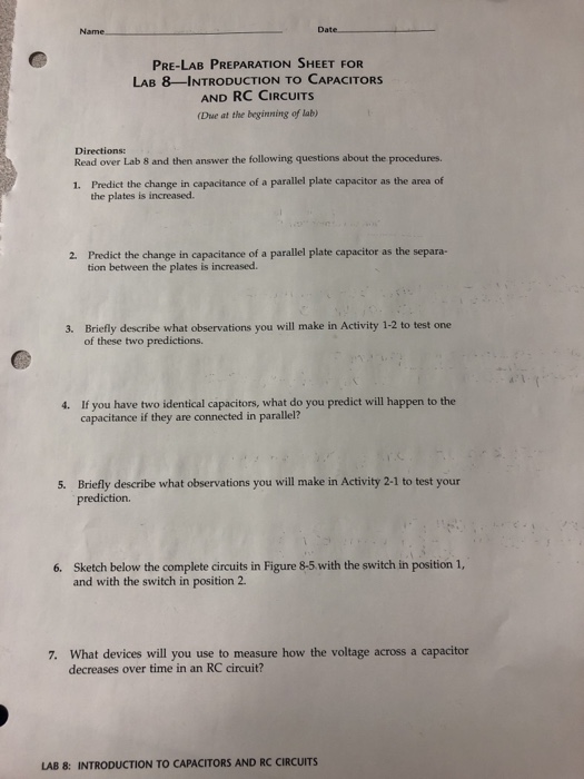 Solved Name Pre Lab Preparation Sheet For Lab 8 Introduction