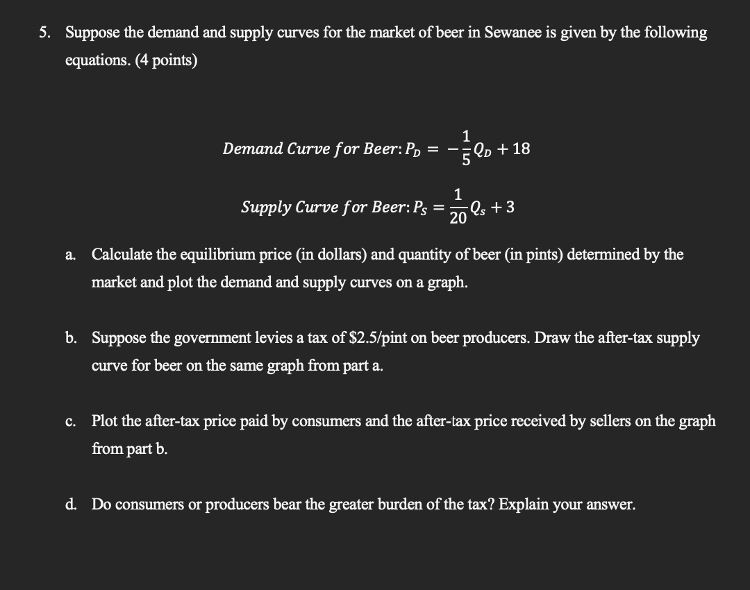 Solved 5. Suppose The Demand And Supply Curves For The | Chegg.com