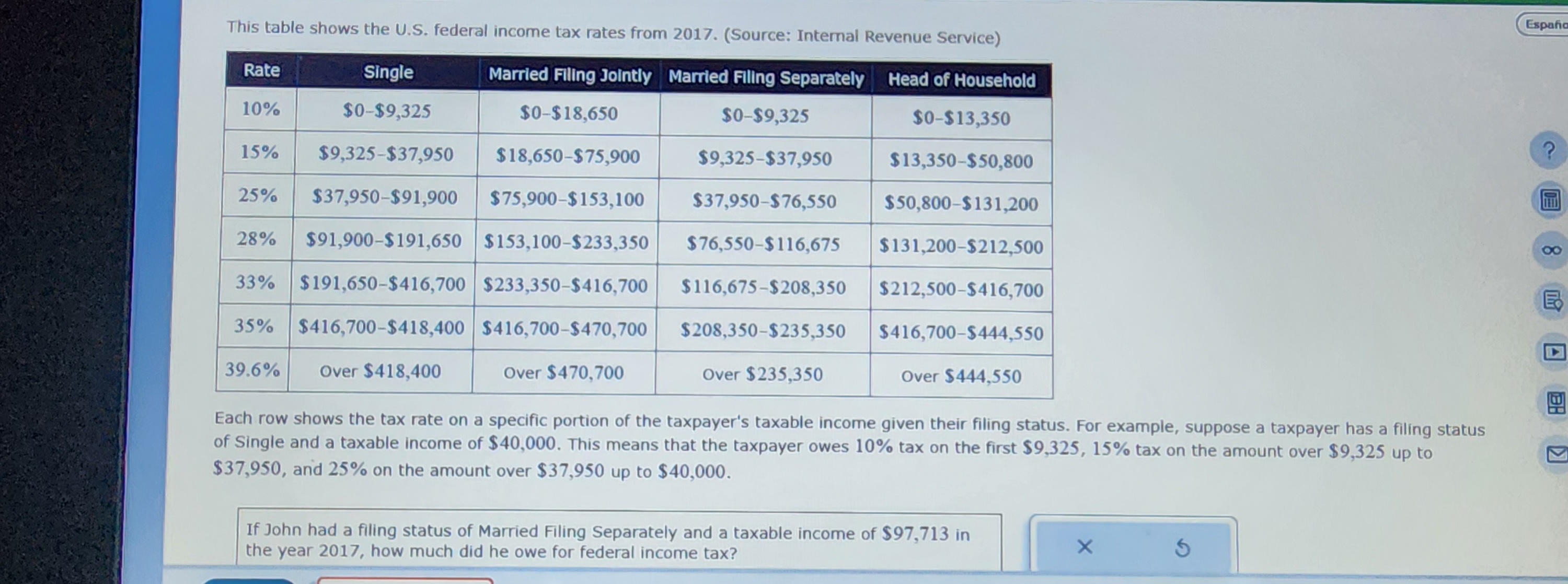 Solved This Table Shows The U S Federal Income Tax Rates Chegg Com