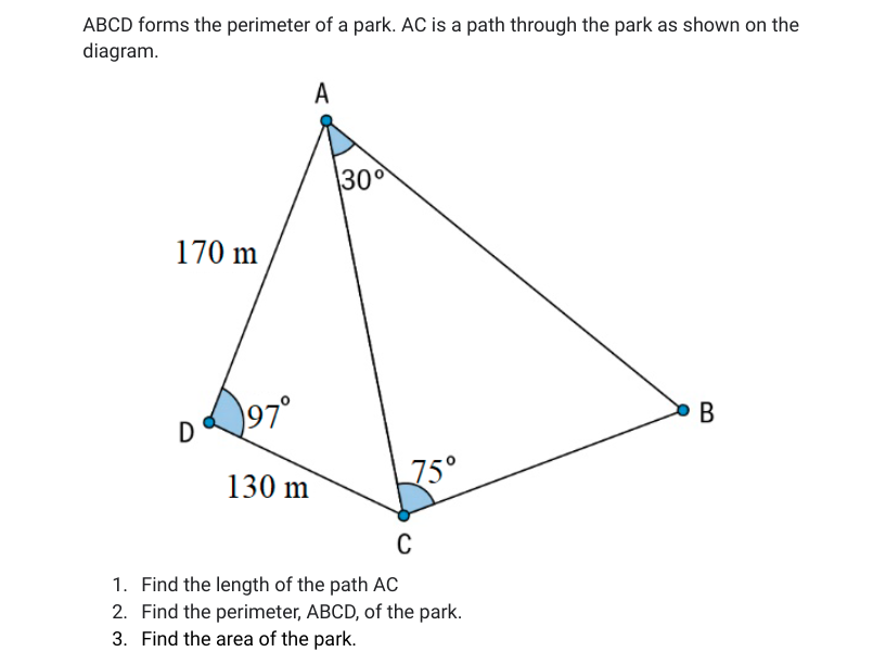 Solved ABCD forms the perimeter of a park. AC is a path | Chegg.com