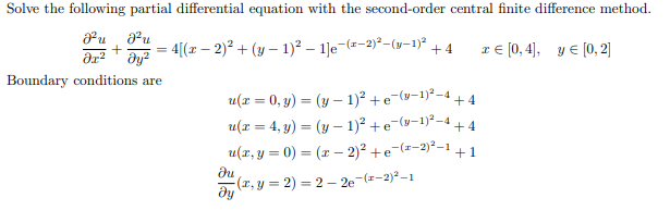 Solve the following partial differential equation with the second-order central finite difference method. \[ \frac{\partial^{