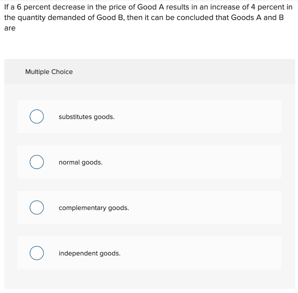 Solved If a 6 percent decrease in the price of Good A | Chegg.com