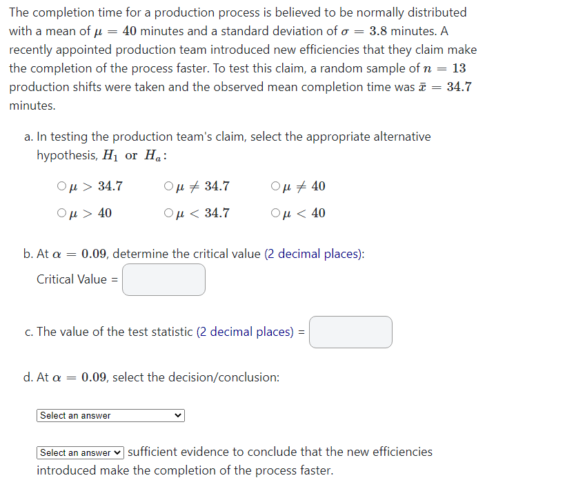 Solved The completion time for a production process is | Chegg.com