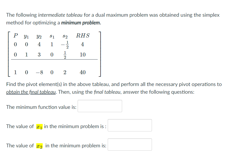 Solved The following intermediate tableau for a dual maximum | Chegg.com