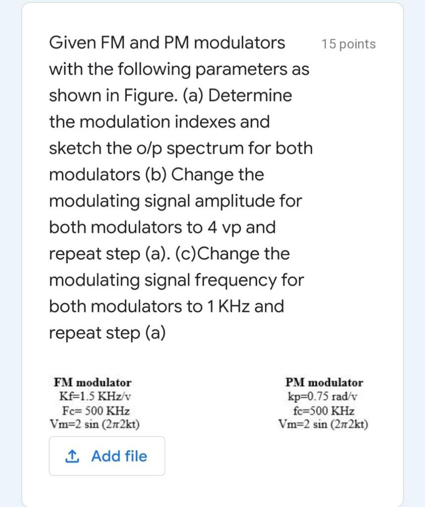 Solved 15 points Given FM and PM modulators with the | Chegg.com