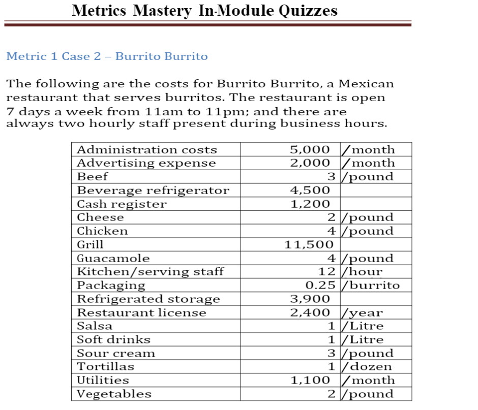 Solved Based On The Cost Information Provided In Metric 1 | Chegg.com