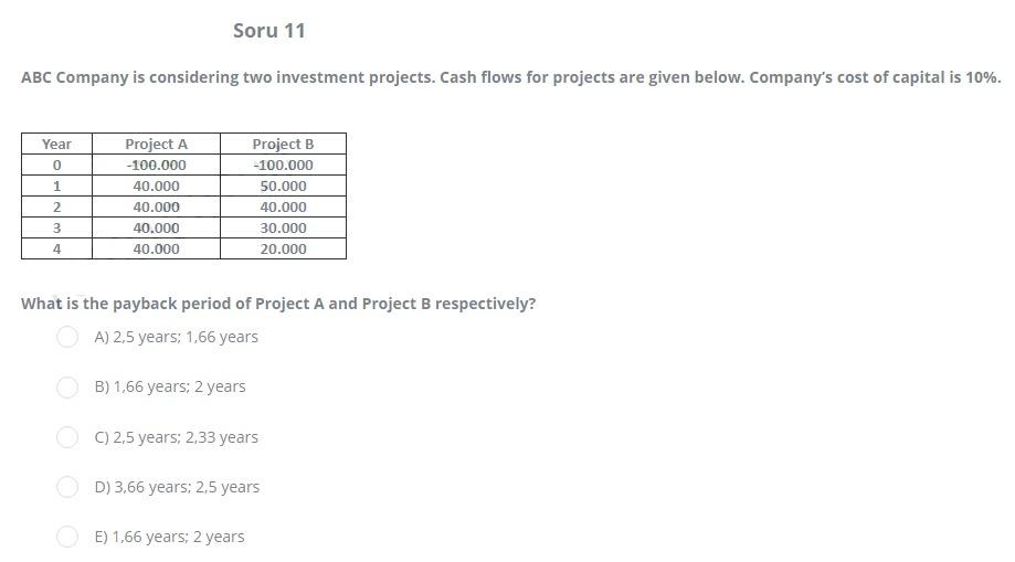 Solved Soru 11 ABC Company Is Considering Two Investment | Chegg.com