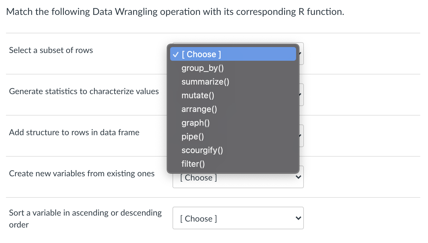 Solved Match the following Data Wrangling operation with its | Chegg.com