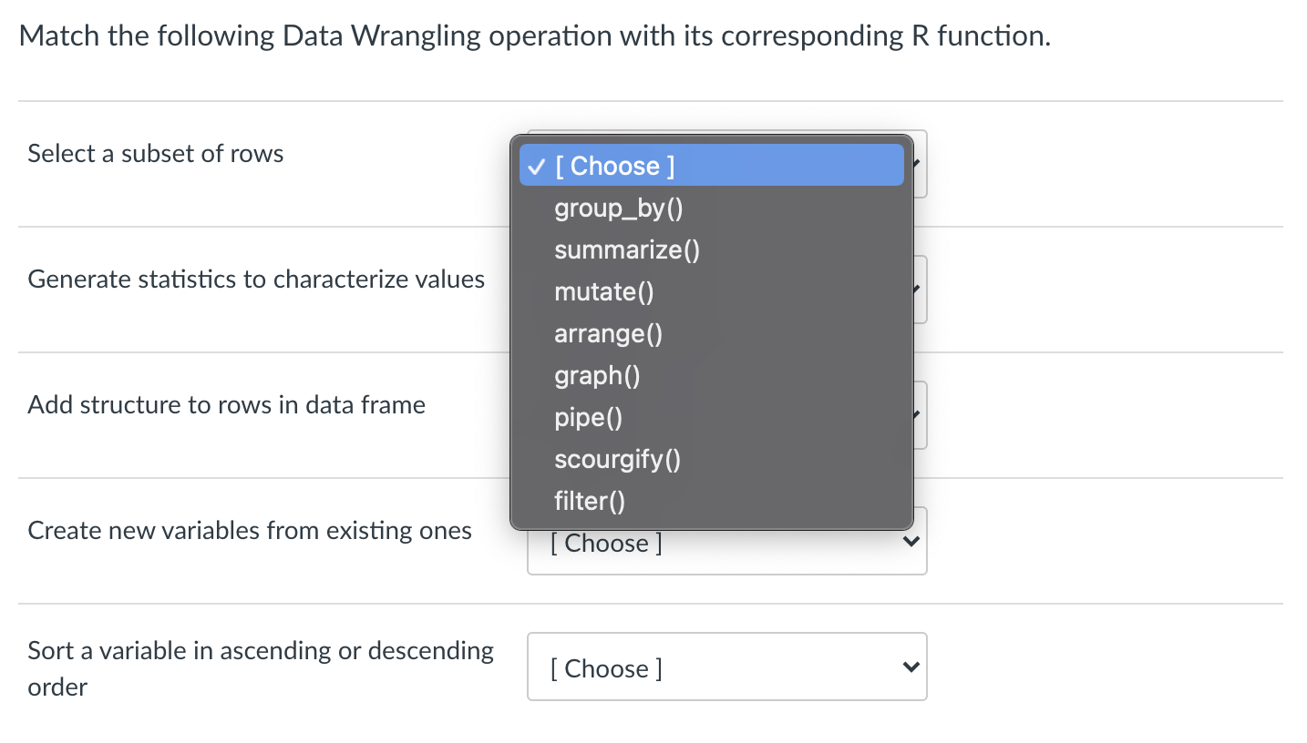 Solved Match the following Data Wrangling operation with its 