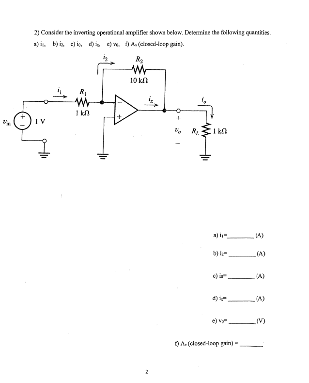 Solved 2) Consider the inverting operational amplifier shown | Chegg.com