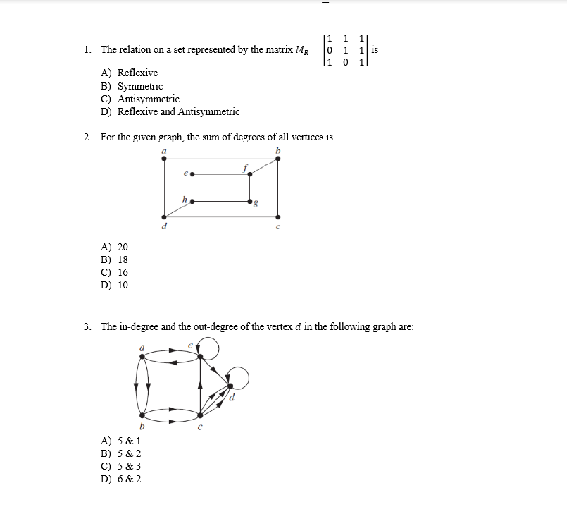 Solved - 1 1 1 1. The relation on a set represented by the | Chegg.com