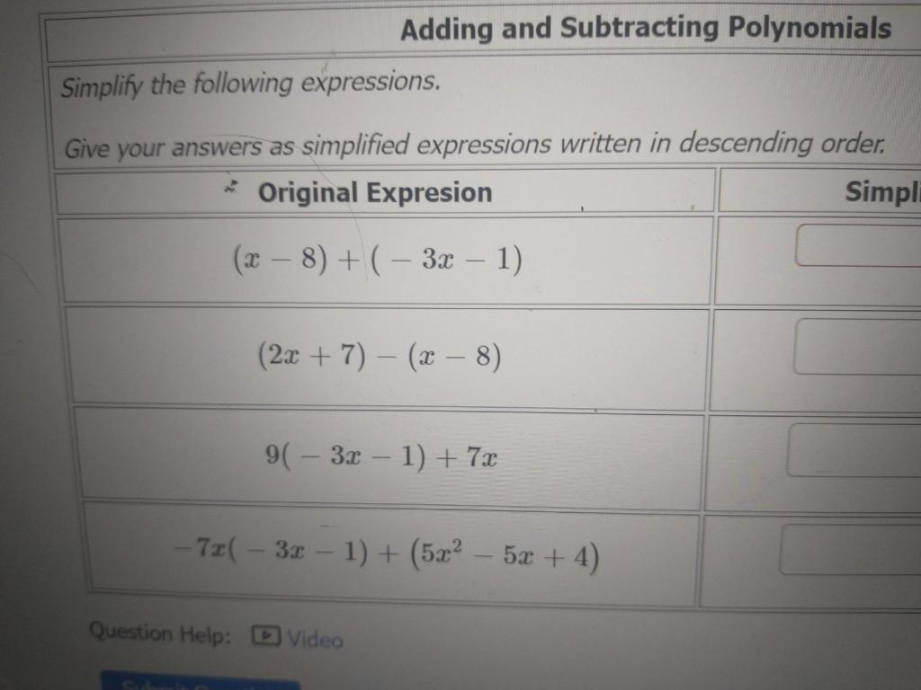 Solved Adding and Subtracting Polynomials Simplify the | Chegg.com