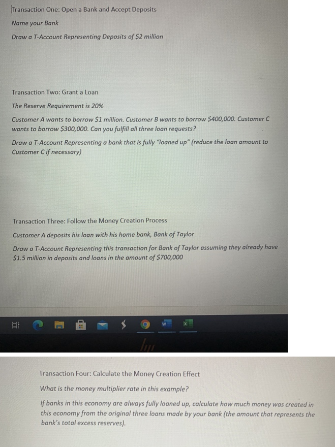 Solved Transaction One: Open a Bank and Accept Deposits Name | Chegg.com