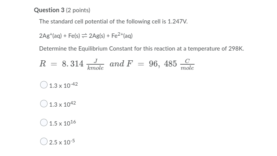 Solved Question 3 (2 points) The standard cell potential of