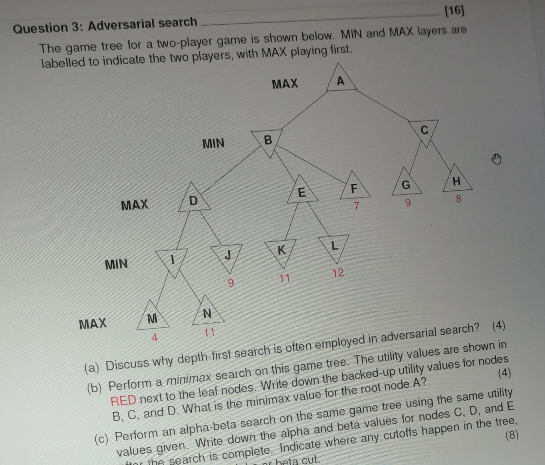 Solved 1. ﻿A partial search tree for a two player game is | Chegg.com