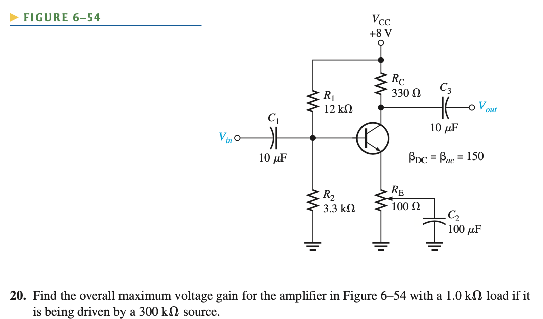 Solved FIGURE 6-54 Vcc +8 V Rc 330 12 C3 w R1 12 k12 t -ov | Chegg.com