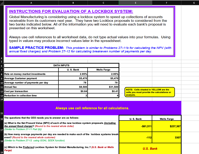 E INSTRUCTIONS FOR EVALUATION OF A LOCKBOX SYSTEM: | Chegg.com