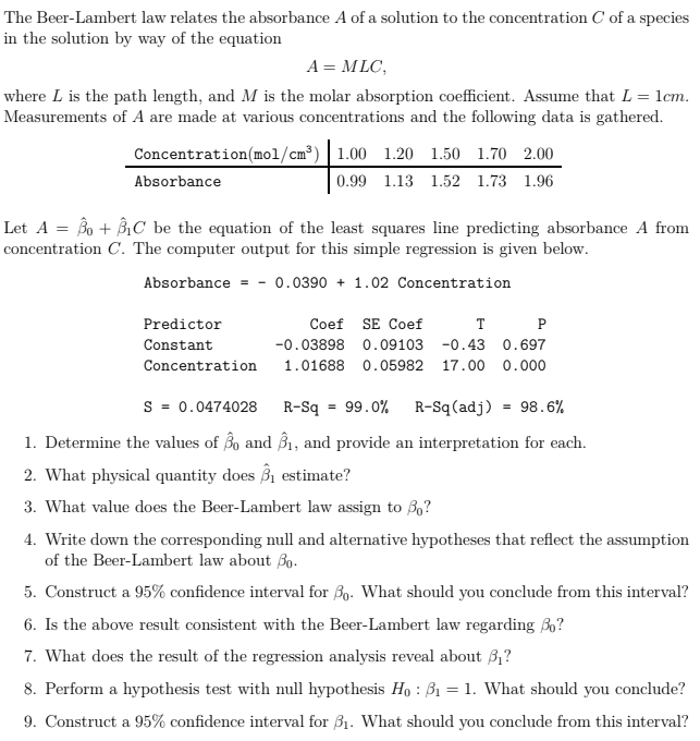 Solved The Beer-Lambert Law Relates The Absorbance A Of A | Chegg.com