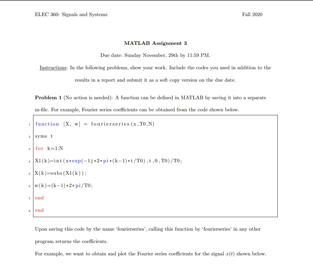 ELEC 360: Signals and Systems Fall 2020 MATLAB | Chegg.com