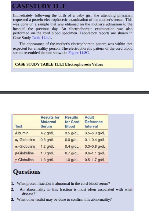 CASESTUDY 11.1 Immediately following the birth of a baby girl, the attending physician requested a protein electrophoretic ex