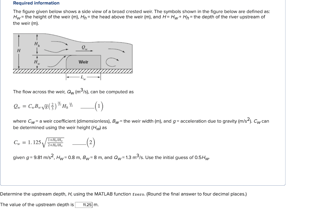 Required information
The figure given below shows a side view of a broad crested weir. The symbols shown in the figure below 