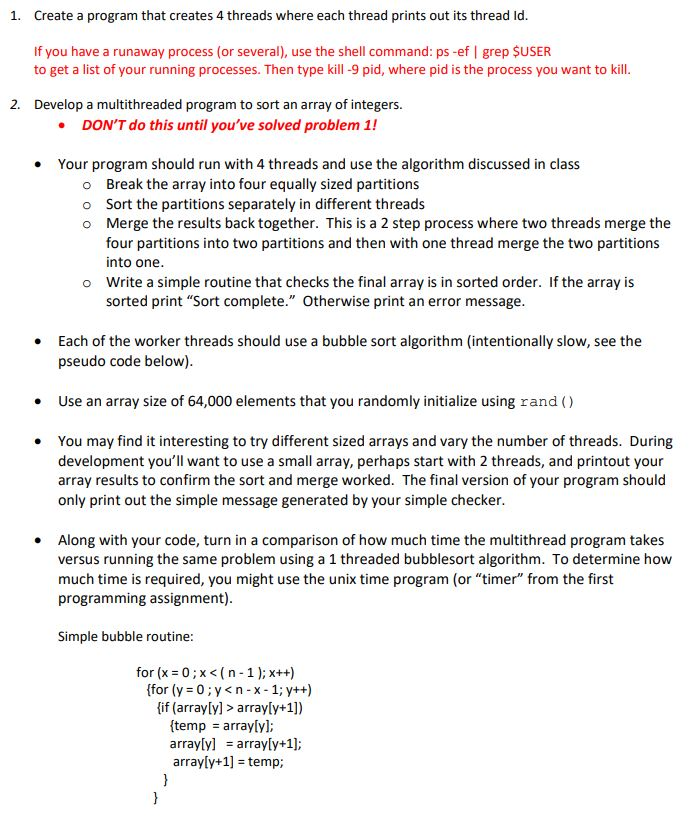 Solved 1. Create a program that creates 4 threads where each | Chegg.com