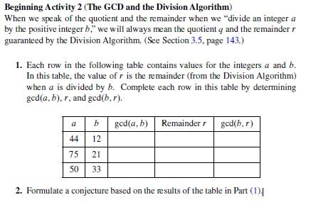 Solved Beginning Activity 2 (The GCD and the Division | Chegg.com