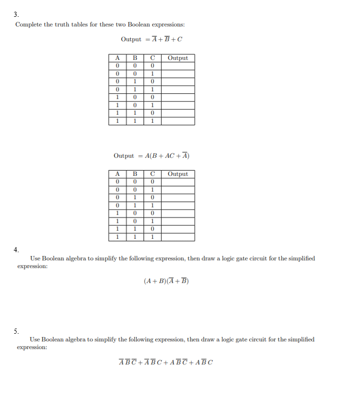 Solved 3. Complete the truth tables for these two Boolean | Chegg.com