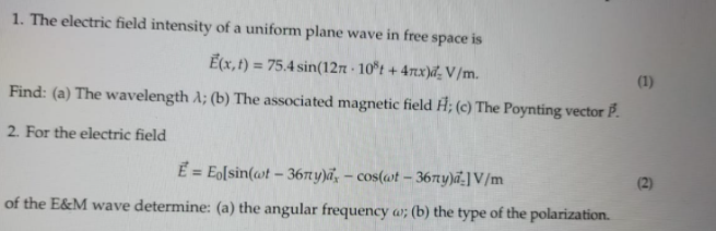 Solved 1 The Electric Field Intensity Of A Uniform Plane Chegg Com