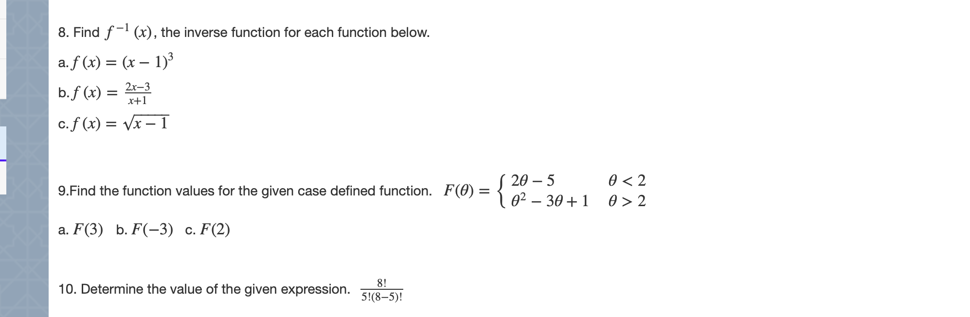 Solved 8. Find f-? (x), the inverse function for each | Chegg.com