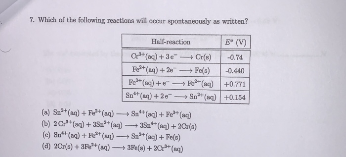 Which Of The Following Reactions Will Occur Spontaneously As Written