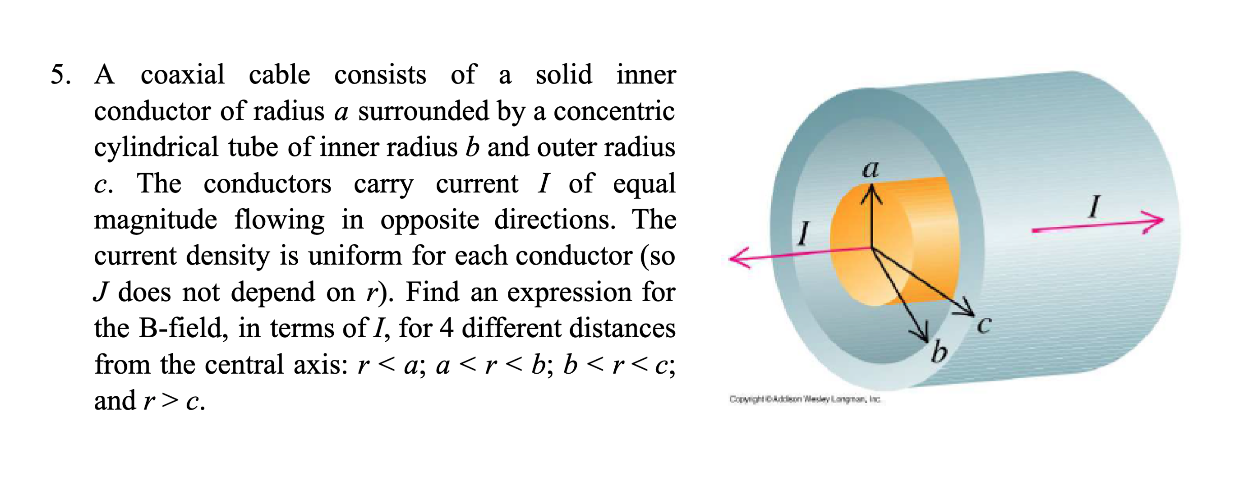 5. A coaxial cable consists of a solid inner conductor of radius \( a \) surrounded by a concentric cylindrical tube of inner