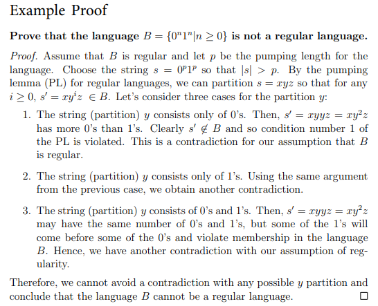 Solved Example Proof Prove that the language B = {0"1"]n >0} | Chegg.com