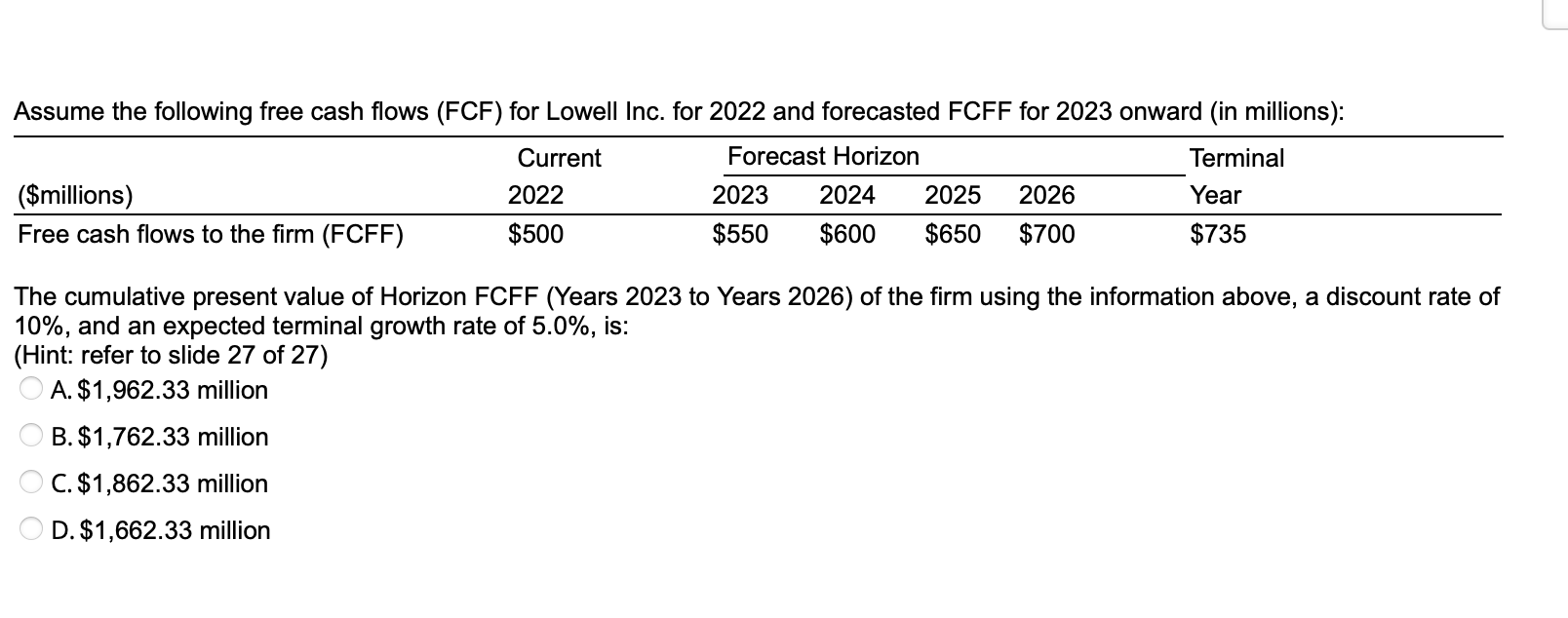 Solved the cumulative present value of horizon fcff years chegg