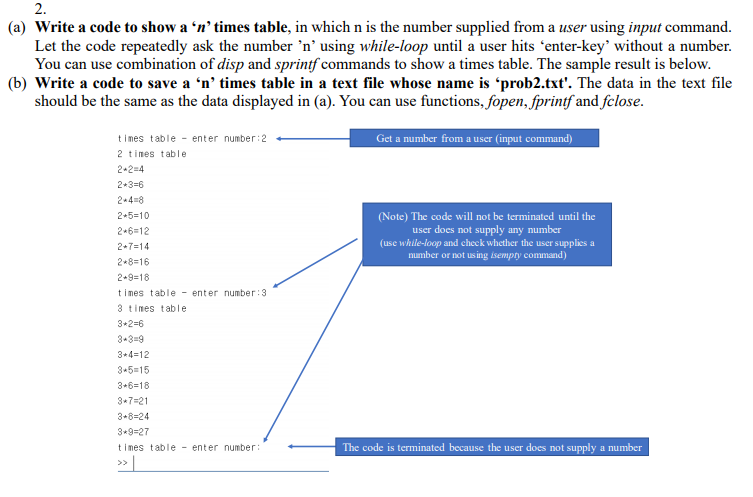 Solved 2. (a) Write a code to show a 'n' times table, in | Chegg.com