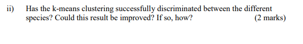 ii) has the k-means clustering successfully discriminated between the different species? could this result be improved? if so